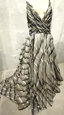 $2489 • Buy Zac Posen Runway Black Gold Glitter Stripe Long Ball Gown Evening Dress US 14