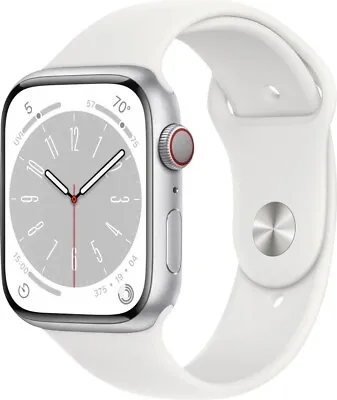 Apple Watch Series 8 45mm GPS + Cellular Silver Case White Sport Band M/L NEW • $329.95