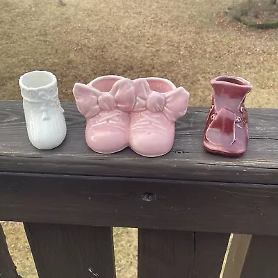 Vintage McCoy Pink Ceramic Baby Shoes Planter Plus Bootie &Leather Shoe Planter • $12.51