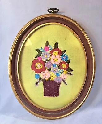 Vintage Crewel Embroidered Bright Flowers Floral Oval Framed Picture Art 12” • $25