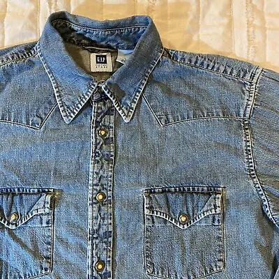 Vtg Gap Factory Store Shirt Mens Large Denim Western Pearl Snap Medium Wash 90s • $24.95