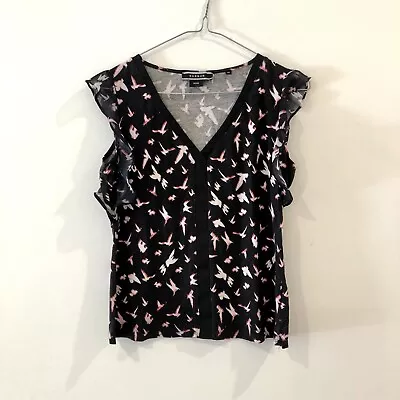 Basque Petite Black Sleeveless Top With Bird Pattern Size 10 • $8