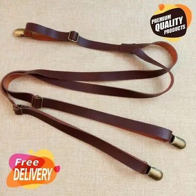 Vintage Leather Suspenders Braces Retro British Trouser Straps 3 Clips Men Gift • $10.63
