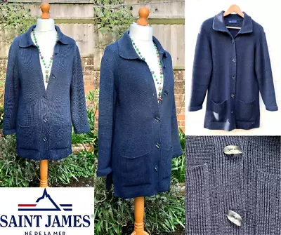 Saint James Long Cardigan NAVY BLUE 100% Wool Thick Rib Knit Collar UK 10 VGC • £125