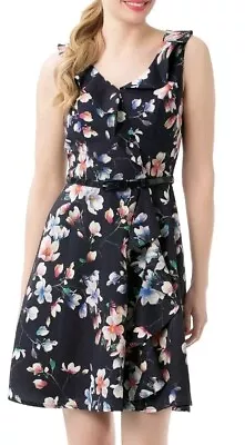 REVIEW Swing Into Spring Navy Blue Dress Size 16 Floral Ruffle Retro Fit N Flare • $39