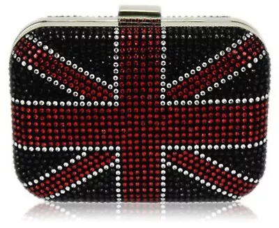 Black Rhinestones Union Jack Box Clutch Brand New Statement Special Clutch Bag • £26