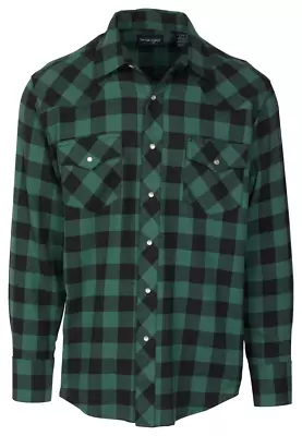 Wrangler Classic Fit Western Green Flannel Long-Sleeve Pearl Snap Shirt Men L • $29.99