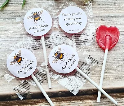 Personalised Bumble Bee Raspberry Cherry Flavoured Heart Wedding Lollipops Party • £24