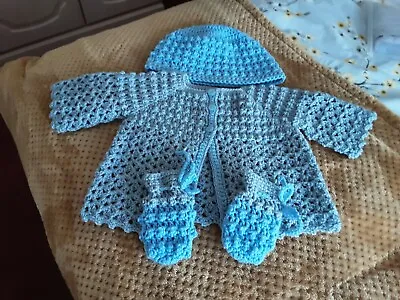 A Hand Crochet Baby Biy Cardigan Hat And Mitten Set Blue And Grey 3 - 6 Months • £7