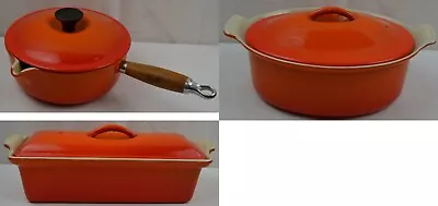 Le Creuset Cast Iron Volcanic Orange 20 Saucepan Pot + 22 Casserole + 28 Terrine • £110