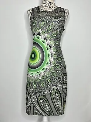 Desigual Size L Women's Dress Green Grey Floral Mandala Print Stretch Bodycon • $39.99