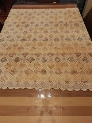 $21.99 • Buy Vintage Hand Crocheted Square Tablecloth Beige And White 