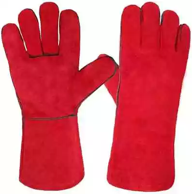 RED Welding Gloves Heat Resistant Welder Leather Gauntlets BBQ/Oven/MIG/TIG • £7.49