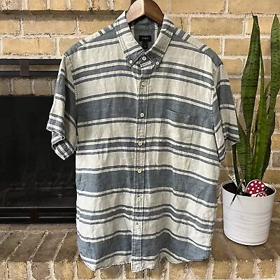 J Crew Mens Gray Striped Short Sleeve Linen Button Up Shirt Size Large • $13