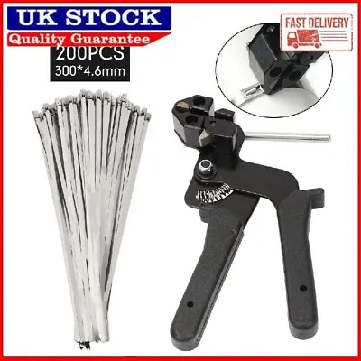 Metal Cable Tie Fasten Gun Plier Crimper Tensioner Cutter Tool+ 200pcs Zip Ties • £17.57