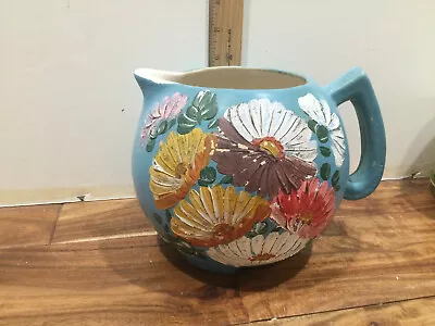 ViNtAgE RANSBURG Stoneware POTTERY PITCHER Blue Asters Tole Painted Flowers • $33.57