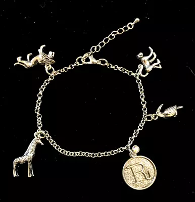 Monogram 'R' & Zoo Animals Silver Tone Charm Bracelet Lion Giraffe Monkey Toucan • $7.99