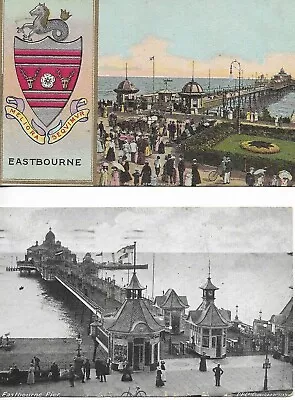 DL98 TWO Eastbourne Pier Postcards Showing Different Entrance Buildings • £3