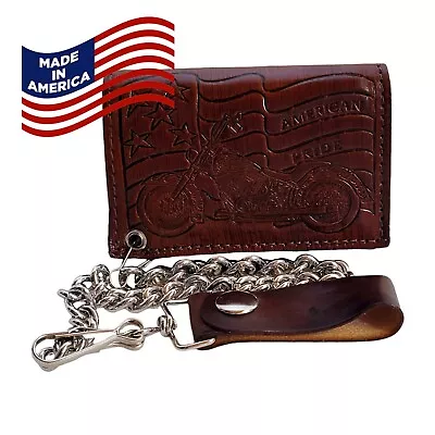 MADE IN USA Mens Leather Trifold Wallet AMERICAN PRIDE MOTORCYCLE Biker Chain • $14.99