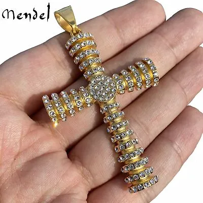 MENDEL Mens Stainless Steel Gold Plated Bling CZ Hip Hop Cross Pendant Necklace • $16.99