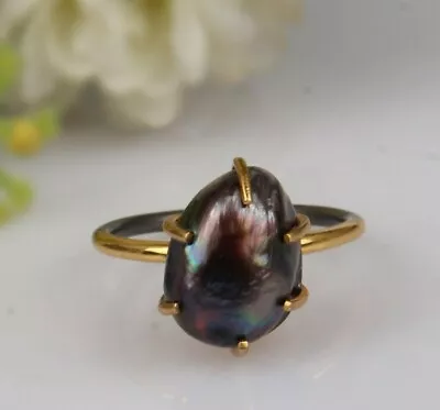 Peacock Black Pearl Engagement Ring 925 Sterling Silver Two Tone Stack Ring • $29.69