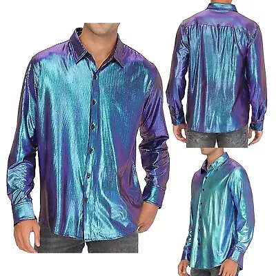 Mens Turn-Down Shirt Long Sleeves Shiny Clubwear Disco Dance Tops Glitter Shirts • $9.65