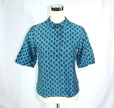 Vintage Moroccan Floral Collared Button Down Top Cold Van Blue Teal 1960s S MCM • $27.09