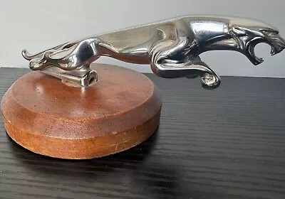 Vintage Jaguar Leaping Cat Chrome Mascot On Wooden Plinth / Desk Ornament • £40