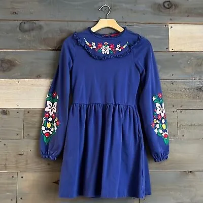 Mini Boden Girls Floral Embroidered Jersey Dress Blue Red 11-12y • $18