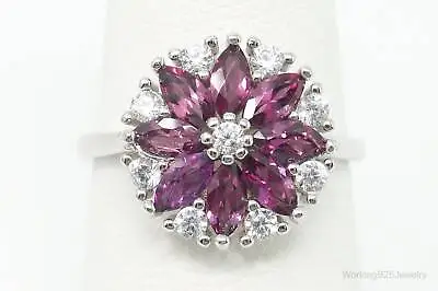 Vintage Amethyst Cubic Zirconia Sterling Silver Flower Ring - SZ 6.75 Adjustable • $110