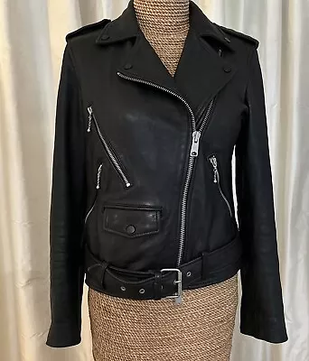 All Saints Rawley Real 100% Lambs Leather Belted Biker Jacket Black- Size 10 • £54.95