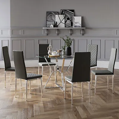 £62.95 • Buy Dining Round Glass Table And 2/4/6 PVC Leather Chairs Kitchen Dinning Room Black