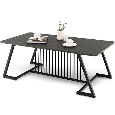 Giantex Coffee Table Wooden Beside Table Faux Marble Top Steel Legs Modern Black • $86.95