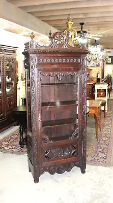 French Antique Chestnut Britany Display Cabinet With One Door & 4 Shelves • $2500