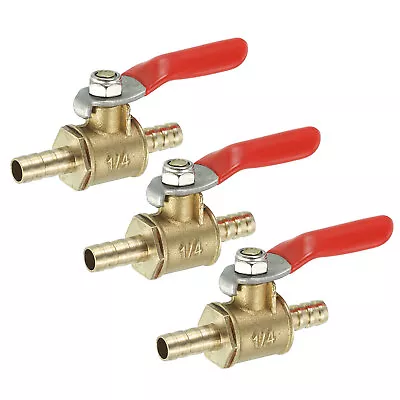 1/4  Brass Mini Ball Valve Shut-off Valve Hose Barb Red Handle Brass Tone 3 Pcs • $8.96