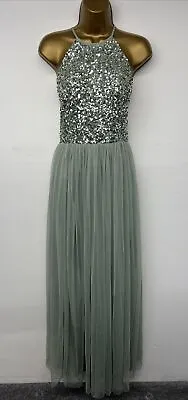 Maya Deluxe Dress Ladies Green Sequin Halter Neck Tulle UK 10 Bridesmaid • £12.99