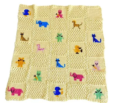 $29 • Buy Vtg Baby Circus Animal Blanket Afghan Yellow Handmade Colorful OOAK