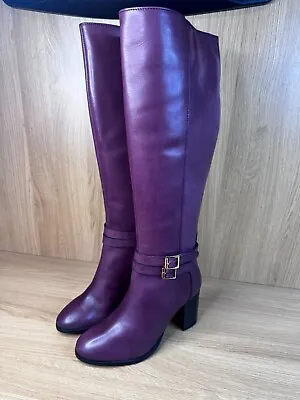 Kaleidoscope Knee High Boots Buckle Detail Leather Block Heel Size UK 4 Burgundy • $57.57