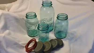 Ball Blue  Perfect Mason  Jars With Porcelain Zinc Lids Pint Quart Half Gallon  • $56.95