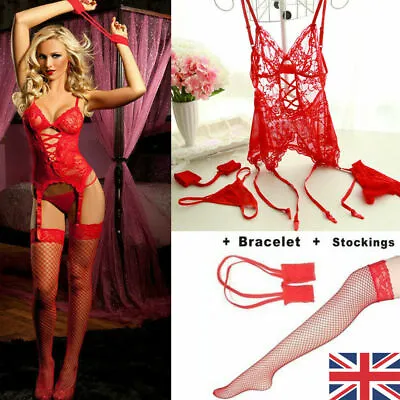 Women Sexy Lingerie Lace Babydoll G-String Dress Thong Underwear Sleepwear Red • £6.99