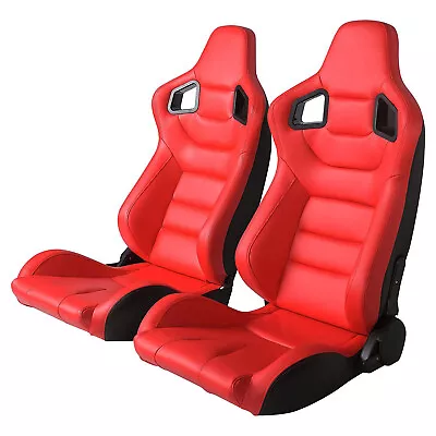 2 X Car Racing Seats Bucket Sport Reclinabe Seats PVC Leather W/Sliders Kit Red • $339