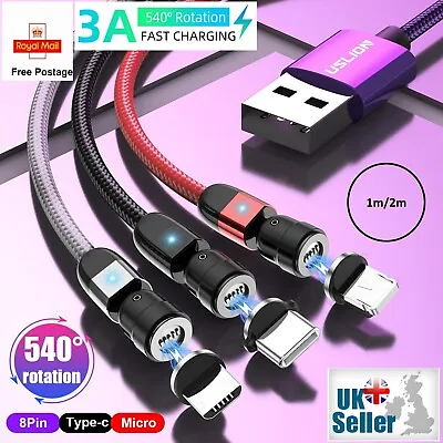 3 In 1 Magnetic Fast Charging USB Cable Charger 3A Phone Type-C Micro USB IOS • £2.99