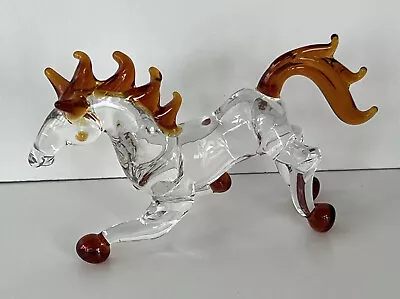 Hand Blown Brown & Clear Art Glass Horse Figurine Vintage Glass Horse 3” Tall • $12