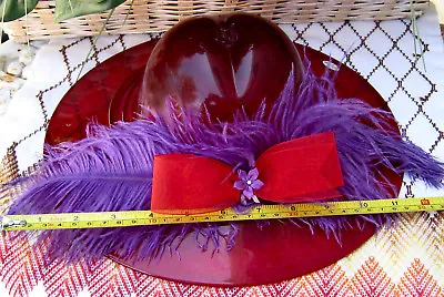 $395 • Buy Fenton Ruby LARGE 12  HAT W/Feathers & Bow Circa 2005  Made By DAVE FETTY