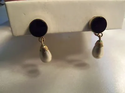 (VAN DELL) Vintage Gold BLACK Inlay Pearl Dangle Screwback CLIP Earrings 15CE94 • $24.99