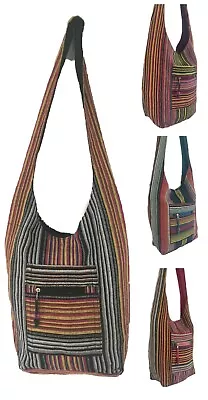 Vertical Stripe Cotton Shoulder Bag Sling Hand Made Hippy Boho Colourful Pocket • £12.95