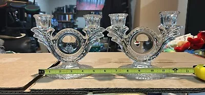 2x Vintage Art Deco Glass Double Candle Stick Holder Pair Etched 5.75  • $19.99