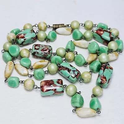 Vintage Venetian Glass Necklace Unusual Pistachio Green Sparkly Adventurine 30  • $21