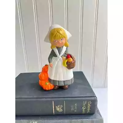 Vintage Hand Painted Glossy Girl Pilgrim Figurine Thanksgiving Kitsch Pumpkin  • $15.99