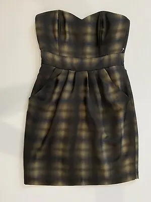 H&M Blurred Plaid Print Pleated Sleeveless Sweetheart Cocktail Mini Dress Size 4 • $12